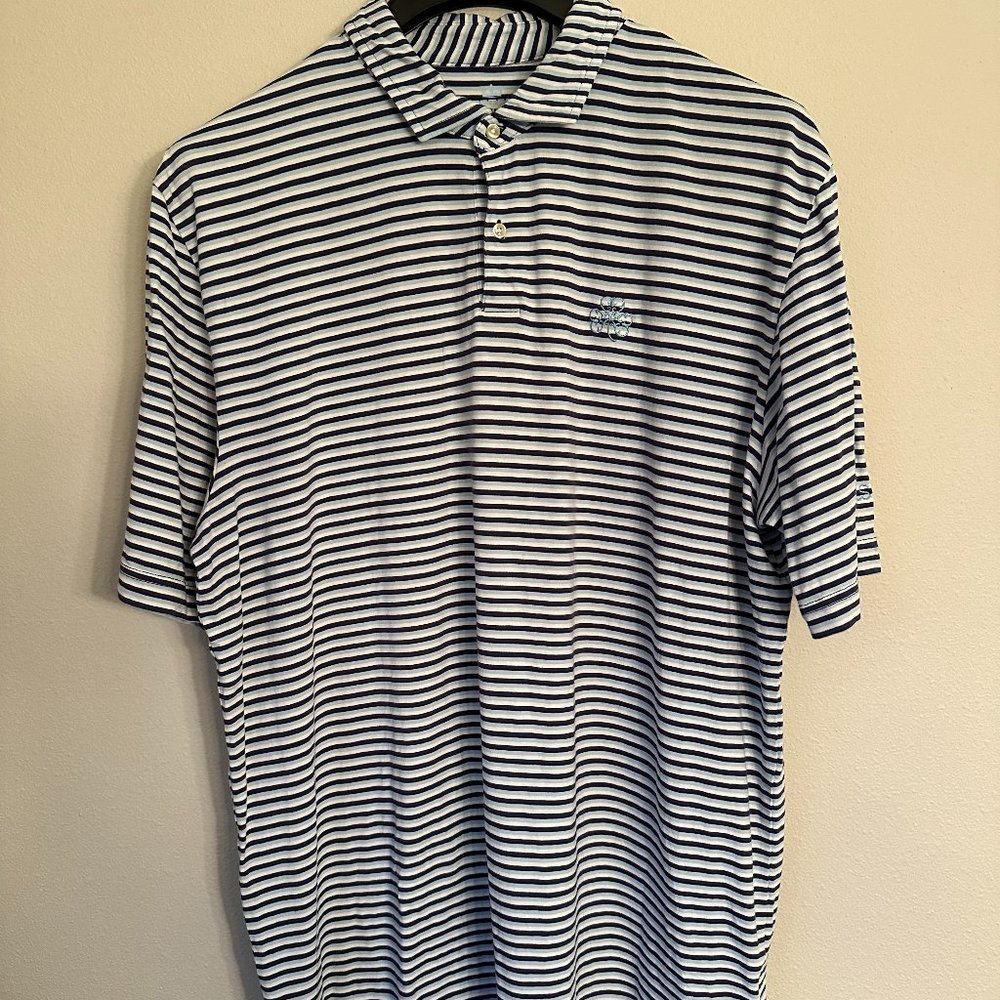 Peter Millar Polo Shirt Men's Large Blue White Seaside Wash Erin Hills Golf Logo